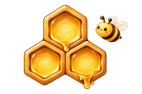 Three honeycomb cells with dripping honey and a friendly bee